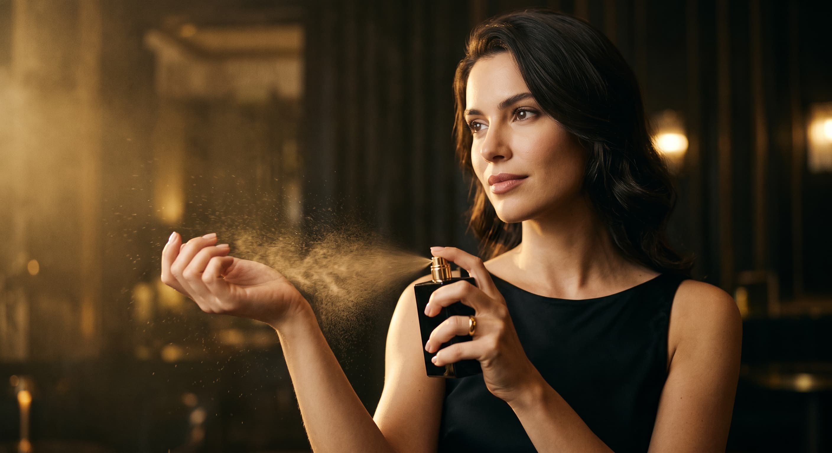 Woman applying ROVI ELIXIR luxury fragrance